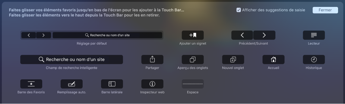 Options Personnaliser Safari pouvant être glissées dans la Touch Bar.