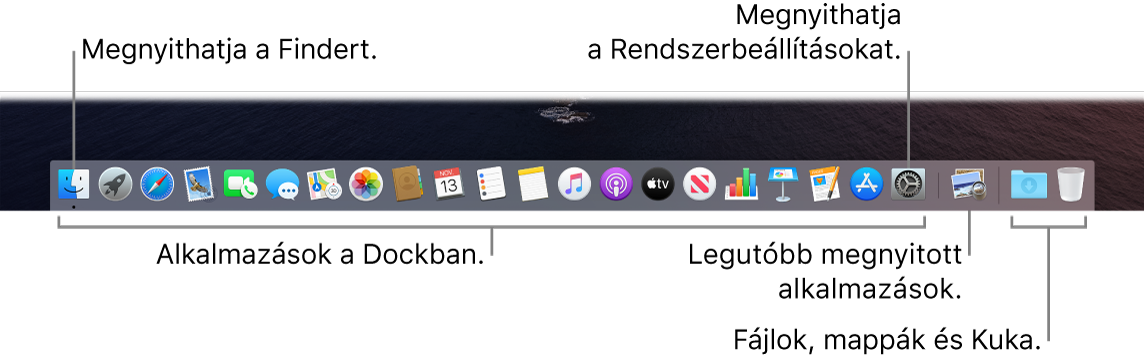 A Dock képe a Finderrel, a Rendszerbeállításokkal, illetve egy vonallal, amely elválasztja az alkalmazásokat a fájloktól és mappáktól.