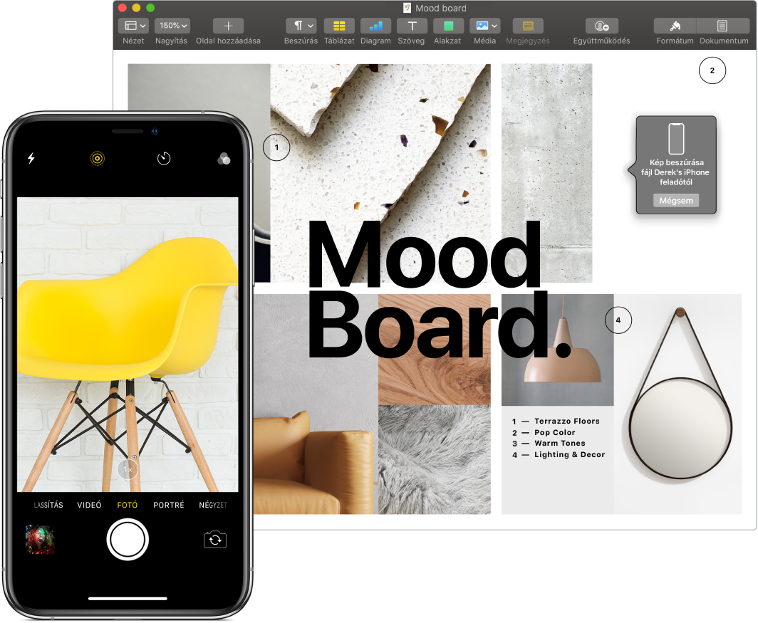 Egy iPhone egy fotót jelenít meg, és a egy Mac gép képernyőjén egy Pages-dokumentum látható egy üzenetmezővel, ahová a fotó kerül majd.
