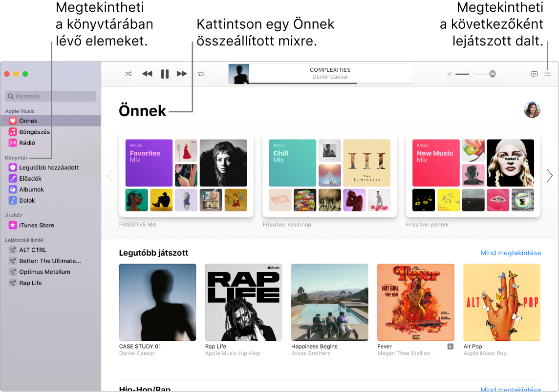 A Zene alkalmazása ablakában látható, hogy hogyan tekintheti meg könyvtárát, hallgathatja az Apple Musicot, és tekintheti meg a következőnek lejátszott számot.