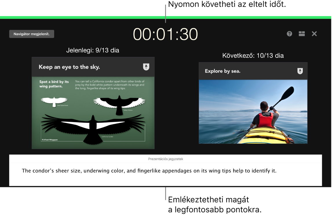 A Keynote ablaka a Diabemutató-próba funkcióval.