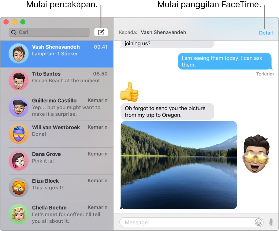 Jendela Pesan menampilkan cara untuk memulai percakapan dan panggilan FaceTime.