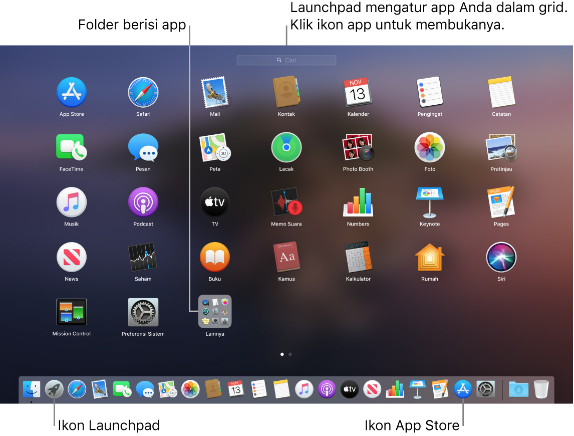 Layar Mac dengan Launchpad terbuka, menampilkan folder app di Launchpad, dan ikon Launchpad dan Mac App Store di Dock.