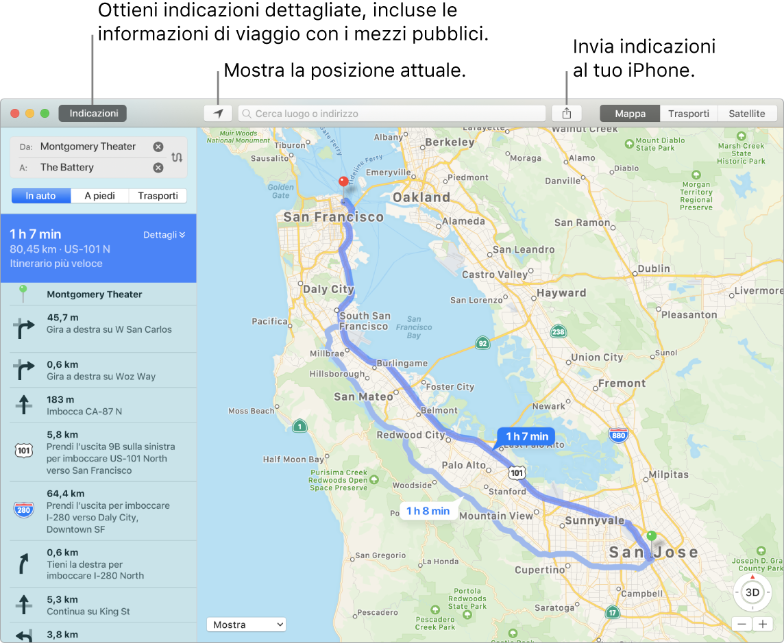 Una finestra di Mappe che mostra come ottenere indicazioni facendo clic su Indicazioni in alto a sinistra e inviare indicazioni a iPhone mediante il pulsante Condividi.