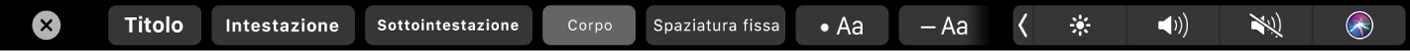 La Touch Bar di Note con i pulsanti per impostare lo stile dei paragrafi tra cui il titolo, l'intestazione e il corpo del testo oltre a quelli per definire la formattazione degli elenchi, quali elenco puntato, numerato o con i trattini.