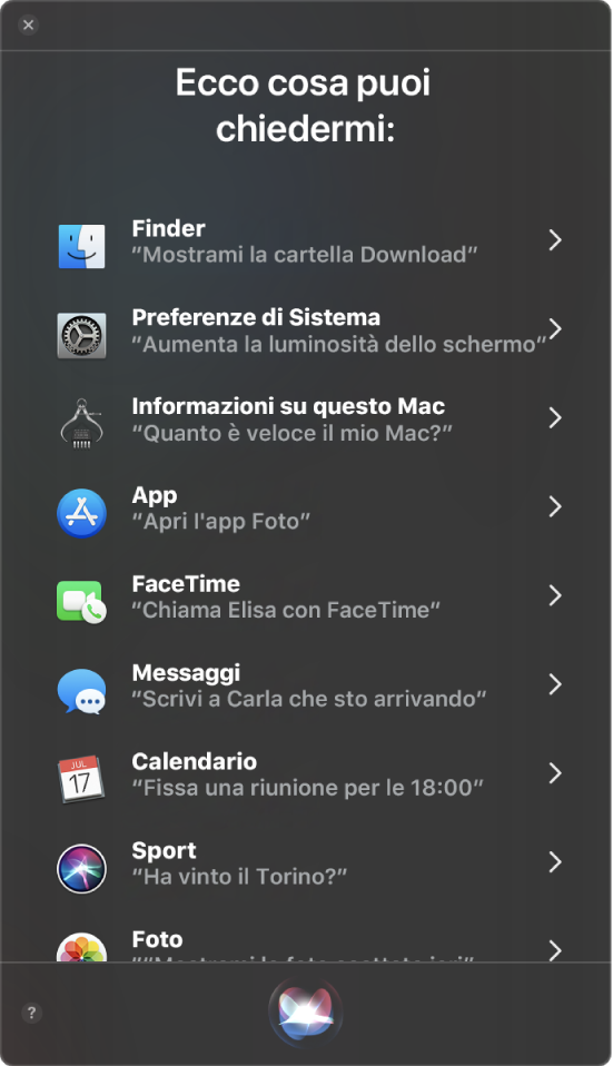 Una finestra di Siri con il titolo “Alcune delle cose che puoi chiedermi” con esempi di richieste come “Ha vinto il Torino?”