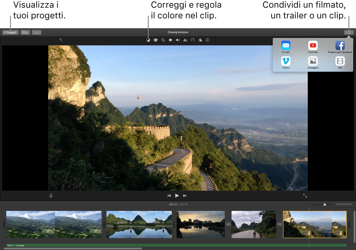 Una finestra di iMovie che mostra i pulsanti per visualizzare i progetti, correggere e regolare i colori e condividere i filmati, i trailer e i clip filmati.