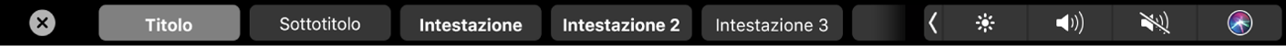 La Touch Bar di Pages che mostra gli stili di formattazione dei paragrafi, tra cui quelli dei titoli, delle intestazioni e delle didascalie.