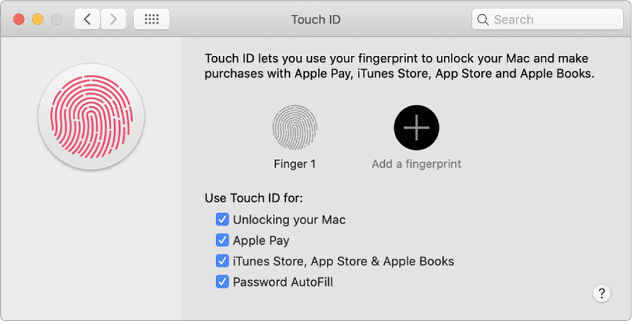 Mac компьютерінің құлпын ашу үшін саусақ ізін қосу және Touch ID құралын пайдалану, Apple Pay қызметін пайдалану және iTunes Store, App Store және Book Store дүкендерінен сатып алу үшін параметрлері бар Touch ID preferences терезесі.