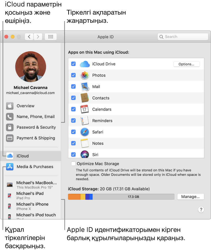 System Preferences терезесіндегі Apple ID тақтасы. Бүйірлік жолақтағы элементті тіркелгі ақпаратыңызды жаңарту, iCloud параметрін қосу немесе өшіру және Apple ID идентификаторыңызбен кірген барлық құрылғыларды көру үшін басыңыз.