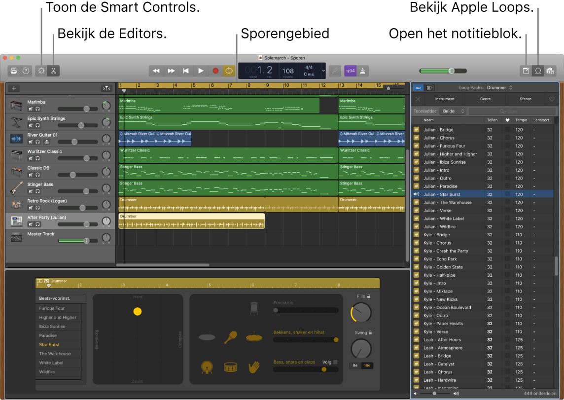 Een GarageBand-venster met daarin de knoppen voor toegang tot slimme besturingselementen, editors, notities en Apple Loops. Ook het gebied met tracks wordt weergegeven.