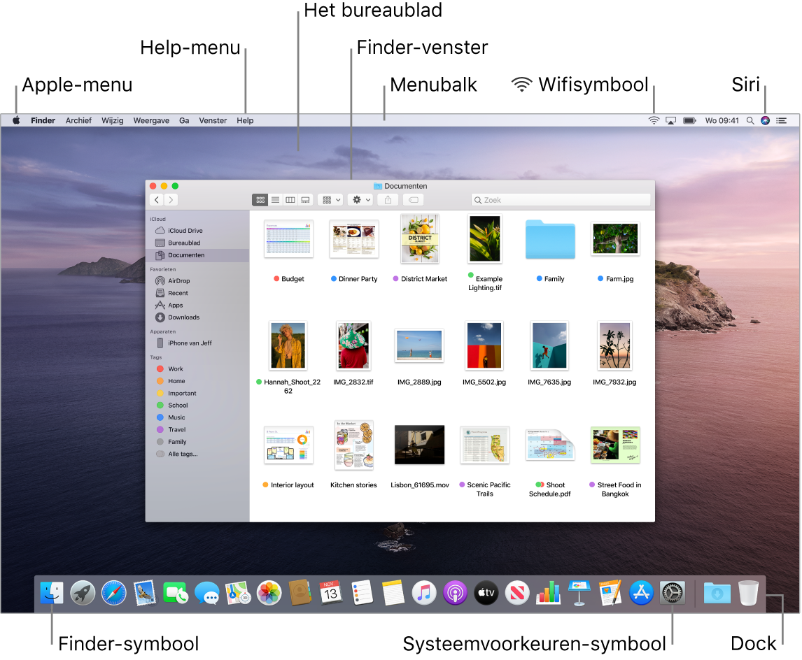 Een Mac-scherm met het Apple-menu, het bureaublad, het Help-menu, het Finder-venster, de menubalk, het wifistatussymbool, het symbool om Siri iets te vragen, het Finder-symbool, het Systeemvoorkeuren-symbool en het Dock.