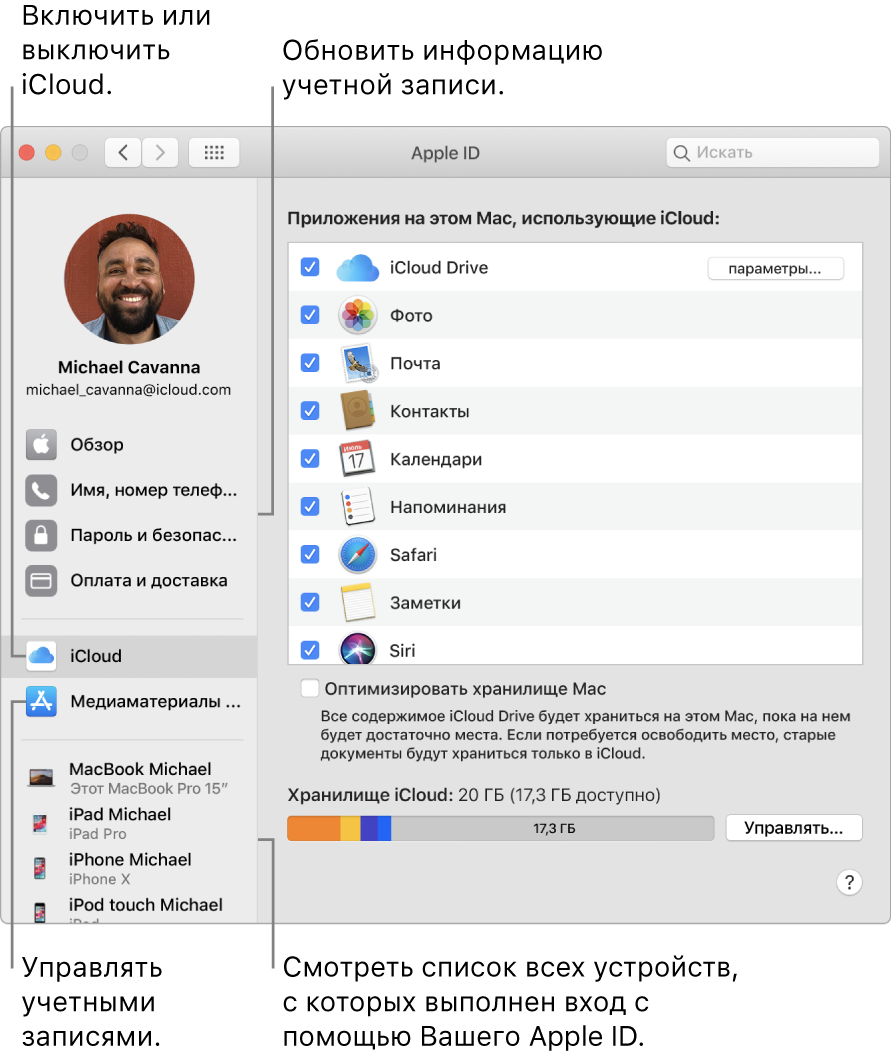 Панель Apple ID в Системных настройках. Нажмите объект в боковом меню, чтобы обновить сведения учетной записи, включить или выключить iCloud, проверить настройки учетных записей для мультимедиа, а также посмотреть, на каких устройствах выполнен вход с тем же Apple ID.