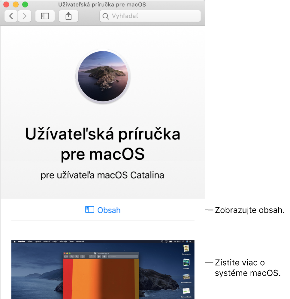 Úvodná obrazovka Príručky užívateľa pre macOS zobrazujúca odkaz na obsah.