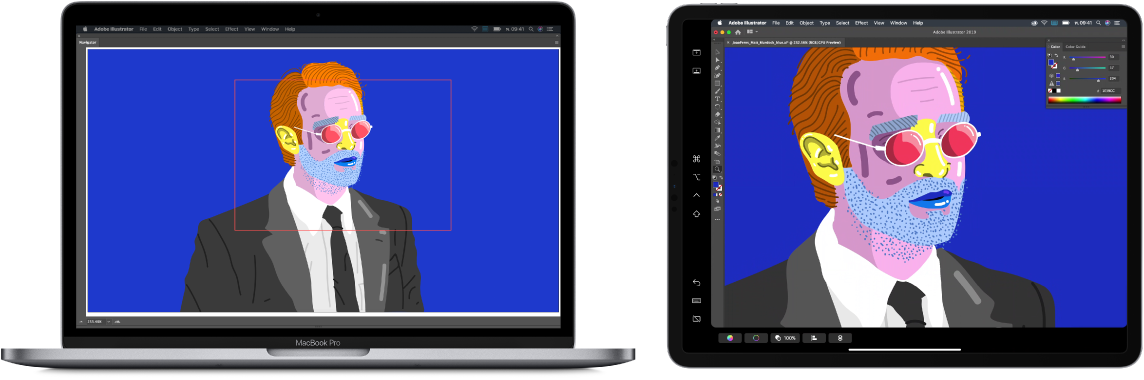 MacBook Pro และ iPad ตั้งอยู่ข้างกัน MacBook Pro แสดงงานศิลปะที่อยู่ในหน้าต่างการนำทางของ Illustrator iPad แสดงงานศิลปะเดียวกันในหน้าต่างเอกสารของ Illustrator และมีแถบเครื่องมืออยู่รอบๆ