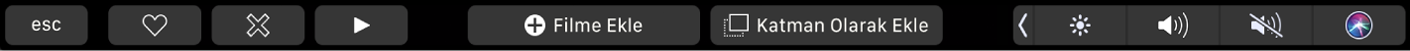 Favori yapma, silme, oynatma, filme ekleme ve katman olarak ekleme düğmelerini gösteren iMovie Touch Bar’ı.