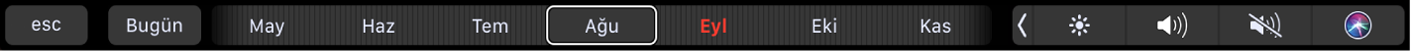 Bugün düğmesi ve ay seçme sürgüsüyle Takvim Touch Bar’ı.