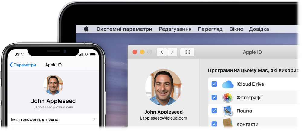 Пристрій iPhone із параметрами iCloud і екран Mac, на якому показано вікно iCloud.