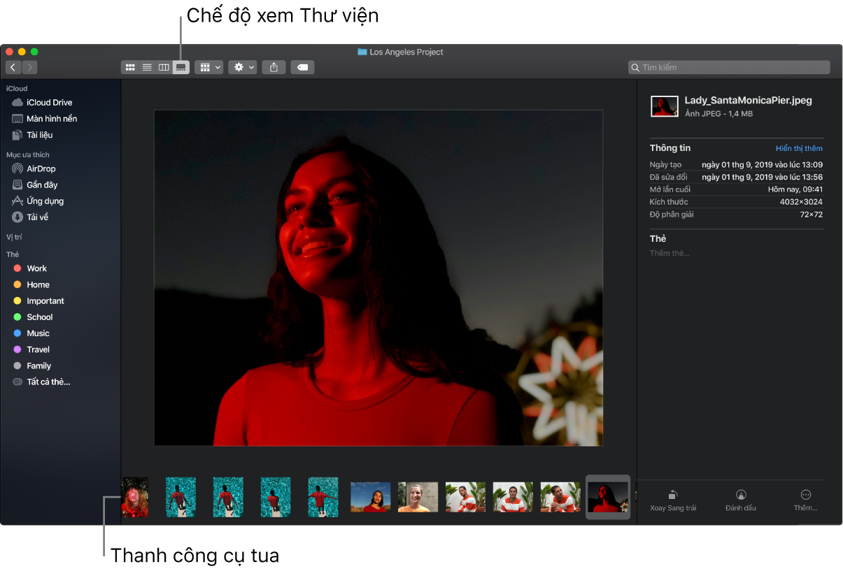 Một cửa sổ Finder mở trong Chế độ xem thư viện, đang hiển thị một ảnh lớn với một hàng các ảnh nhỏ hơn – thanh công cụ tua – ở bên dưới. Các điều khiển xoay, đánh dấu, v.v. nằm ở bên phải của thanh công cụ tua.
