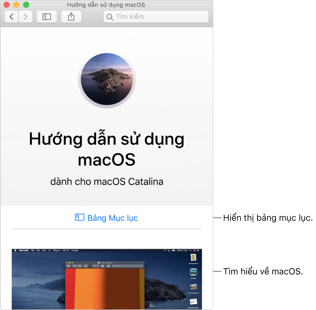 Trang chào mừng Hướng dẫn sử dụng macOS đang hiển thị liên kết Bảng mục lục.