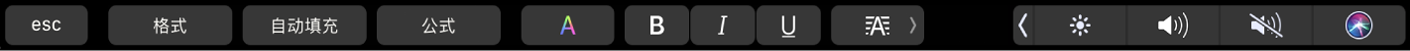 含“格式”、“自动填充”和“公式”按钮的 Numbers 表格触控栏。还包含文本格式化按钮，如颜色、粗体、斜体、下划线和对齐。