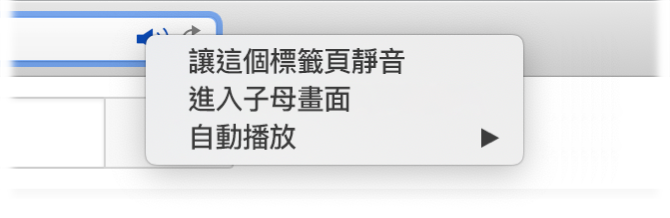 「音訊」圖像的子選單，含有「讓這個標籤頁靜音」、「進入子母畫面」和「自動播放」項目。