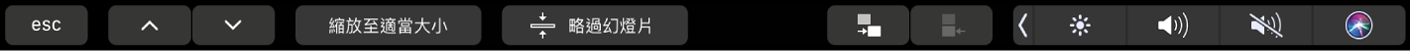 Keynote 觸控列顯示箭頭按鈕、縮放至適當大小按鈕、略過幻燈片按鈕、縮排幻燈片按鈕和減少縮排幻燈片按鈕。