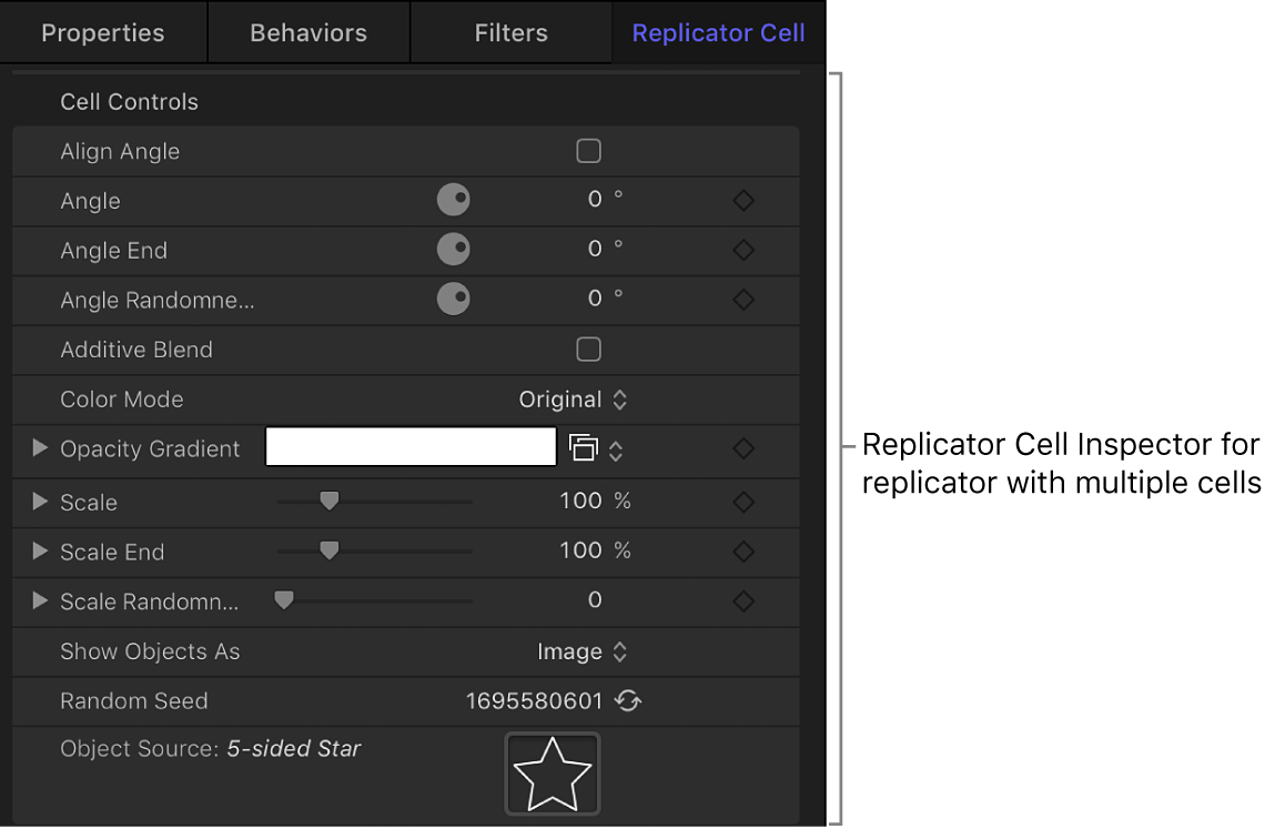 Informationsfenster „Replikatorzelle“ mit zellenspezifischen Parametern