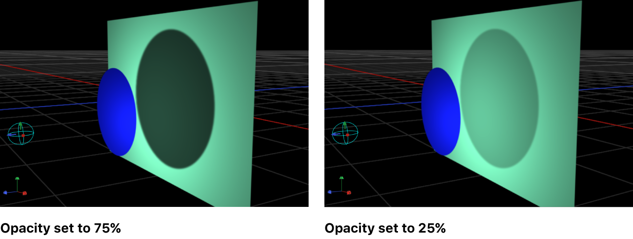 Canvas showing object with shadow opacity set to 75% and set to 25%