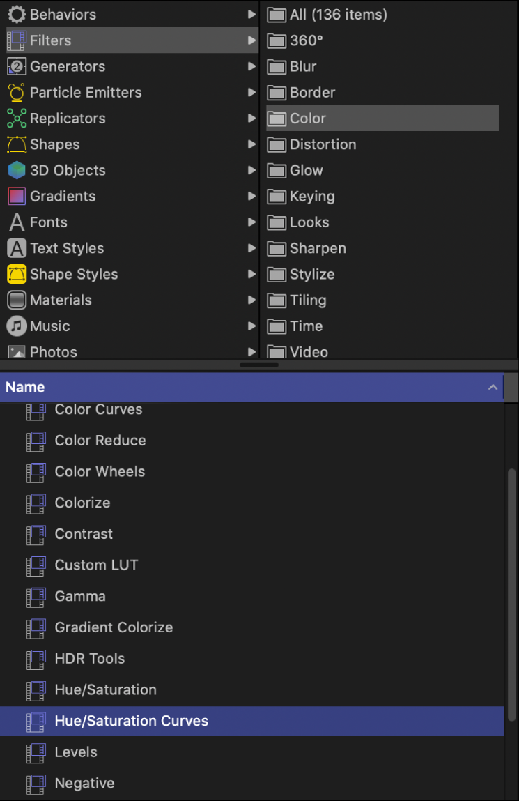 Library showing Color filters category selected