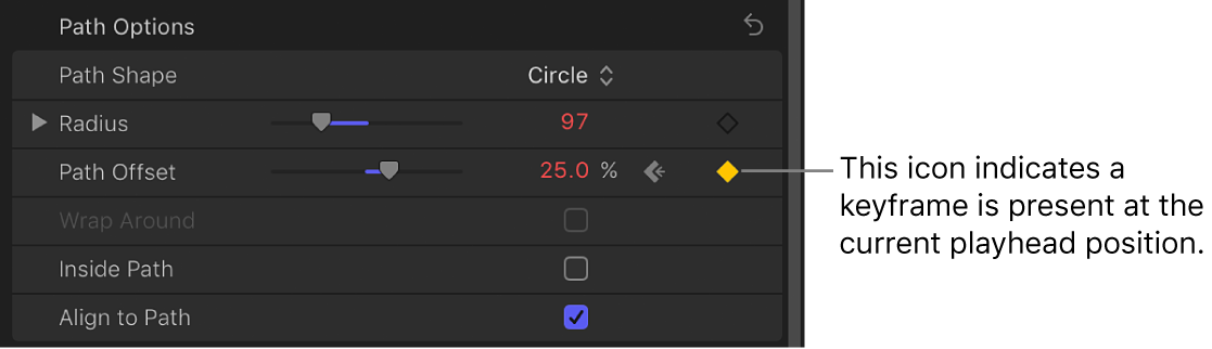 Text Inspector showing keyframe icon in Animation menu of Path Offset parameter