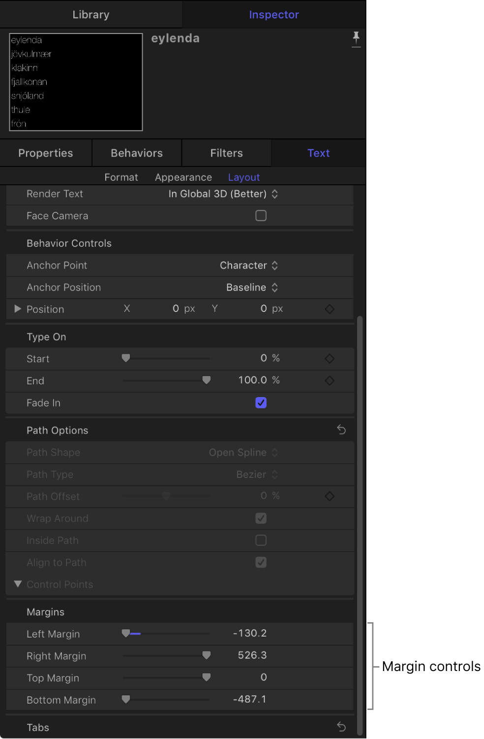 Layout pane of the Text Inspector showing margin controls