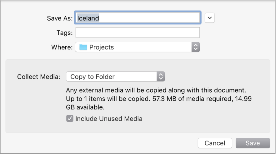 Save dialog showing Collect Media pop-up menu options