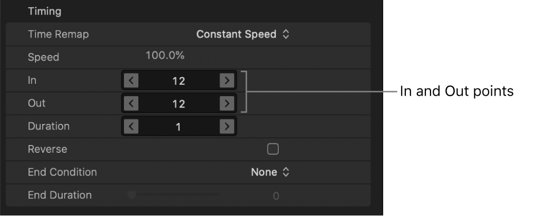 In and Out point parameters in the Timing controls in the Properties Inspector