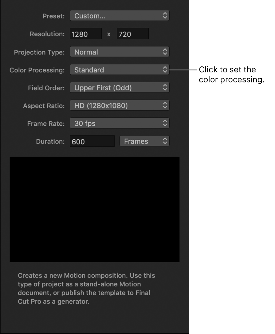 Project Browser showing the Color Processing pop-up menu