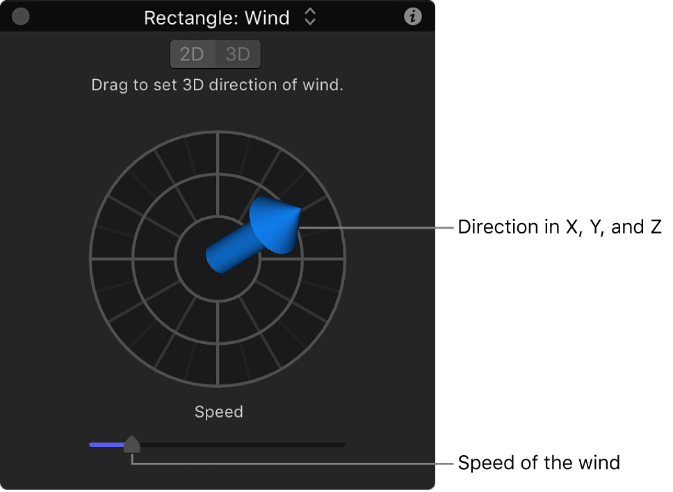 Pantalla semitransparente con controles especiales para el comportamiento Viento en modo 3D