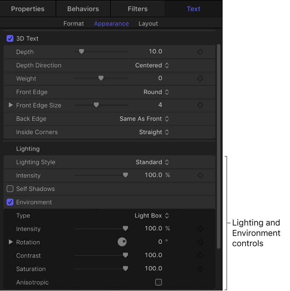 Controles de Iluminación en el panel Apariencia del inspector de texto