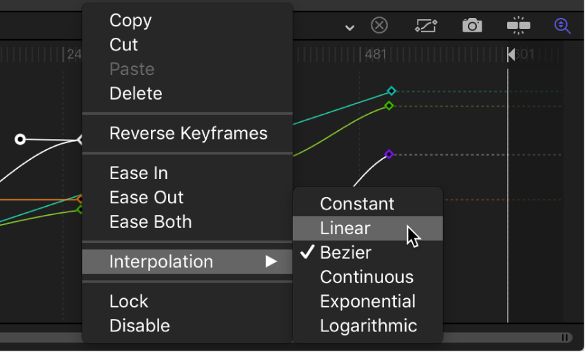 Editor de fotogramas clave y submenú Interpolación para el segmento de curva