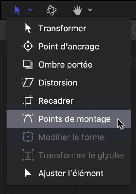 Sélection de l’outil Points de montage dans les outils de transformation de la barre d’outils du canevas