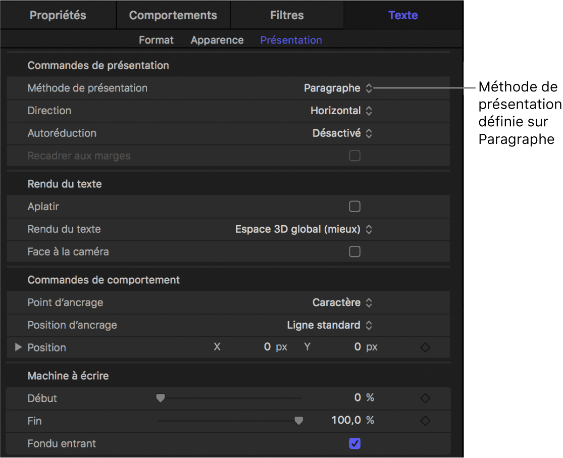 Menu local Méthode de présentation réglé sur Paragraphe avec des commandes de marges actives, dans la fenêtre Présentation de l’inspecteur de texte