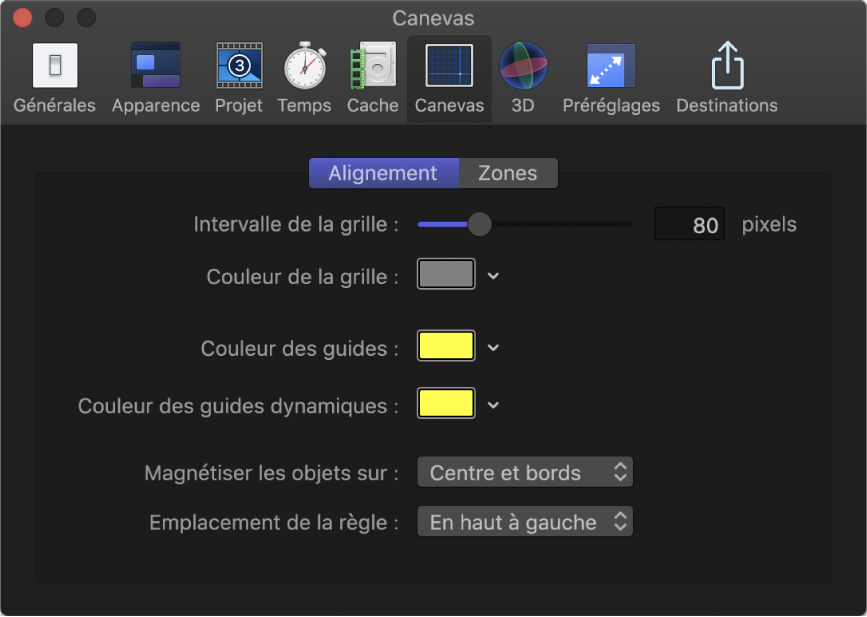 Fenêtre Préférences de Motion affichant la fenêtre Alignement du canevas