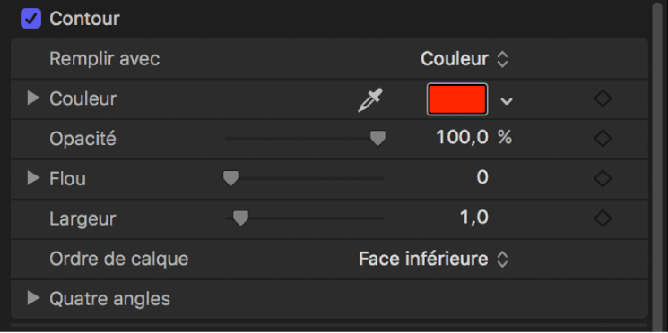 Commandes Contour dans la fenêtre Apparence de l’inspecteur de texte