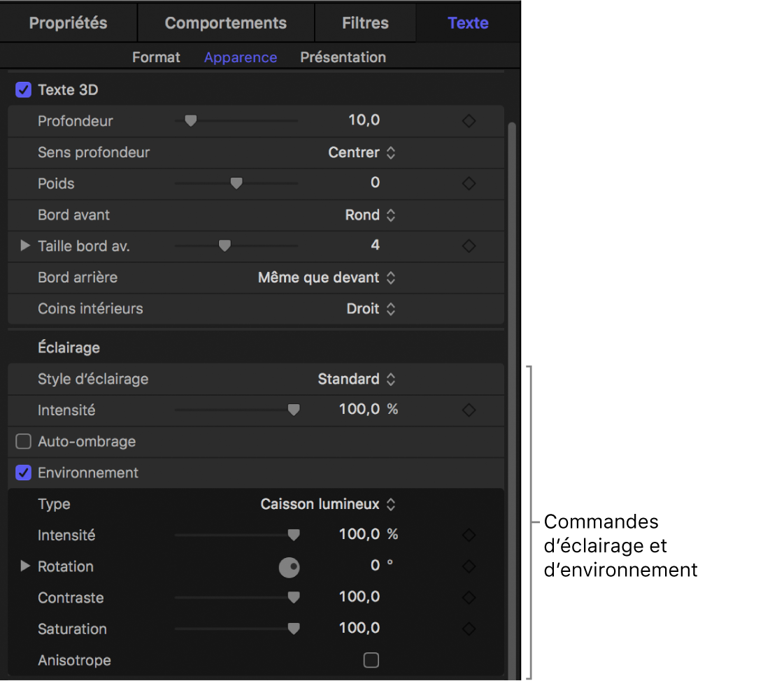 Commandes Éclairage dans la fenêtre Apparence de l’inspecteur de texte