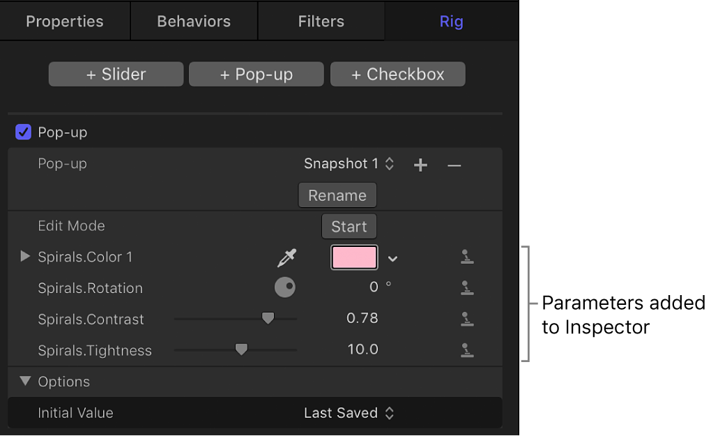 「ウィジェット」インスペクタに追加されたパラメータ