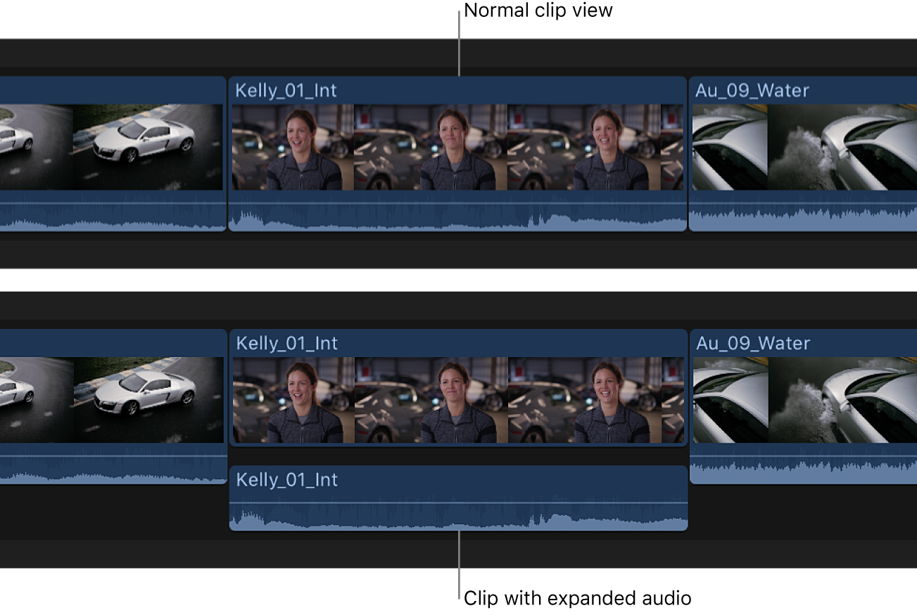 Ein Clip in der Timeline vor und nach der Erweiterung von Audiokomponenten