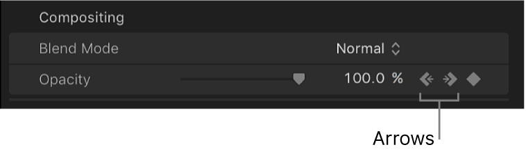 The next and previous arrows next to the Keyframe button for the Opacity parameter in the Video inspector