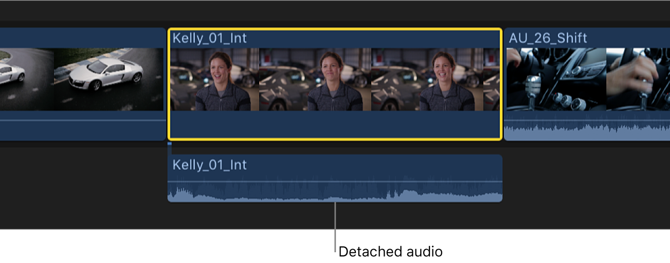 A clip in the timeline with the audio portion detached but still connected to the video portion