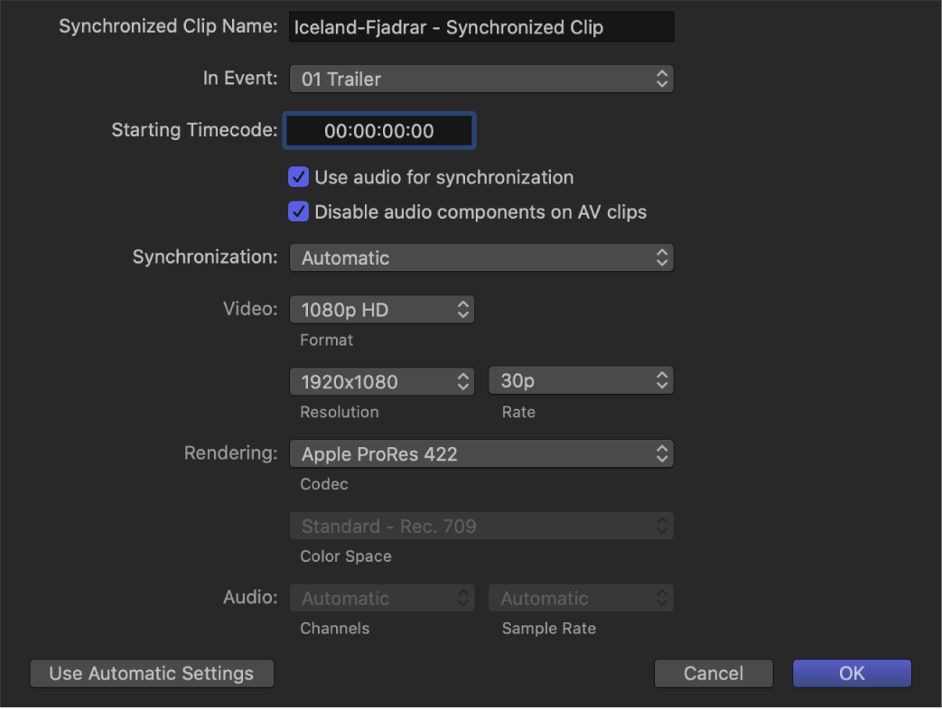 The custom settings for syncing clips