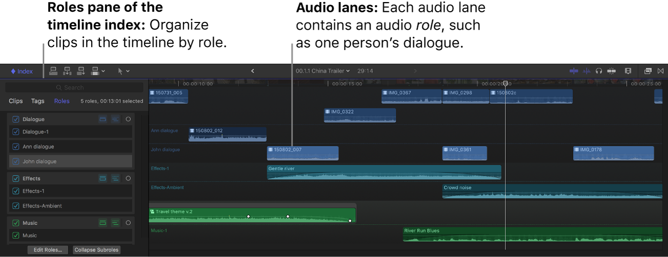 La línea de tiempo con líneas de audio y una función seleccionada en el índice de la línea de tiempo