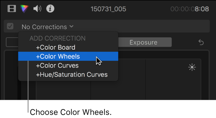 Opción “Ruedas de color” seleccionada en la sección “Añadir corrección” del menú desplegable de la parte superior del inspector de color